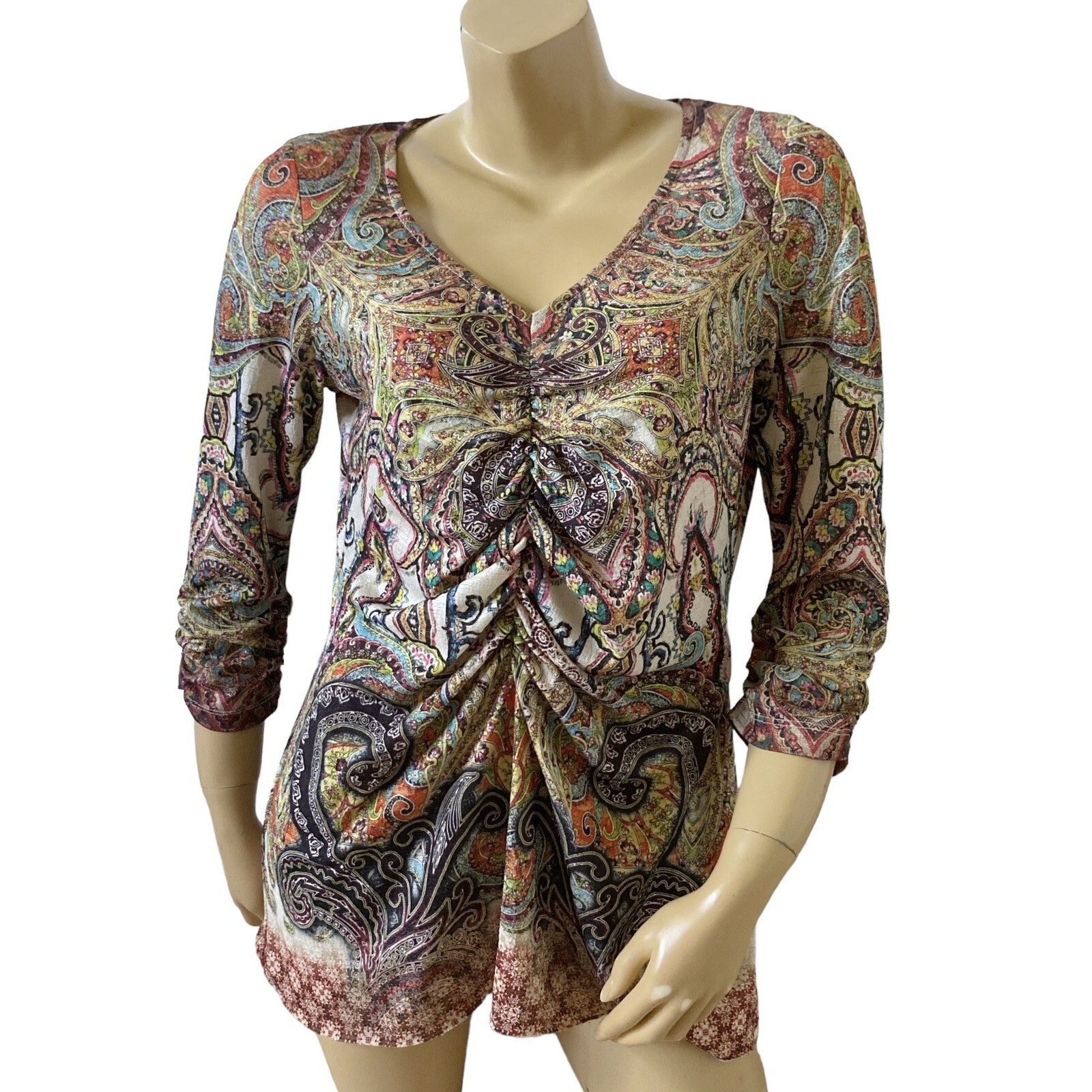 One World Tunic Top Womens Medium Paisley Boho Ruched 3/4 Sleeve V Neck Stretch